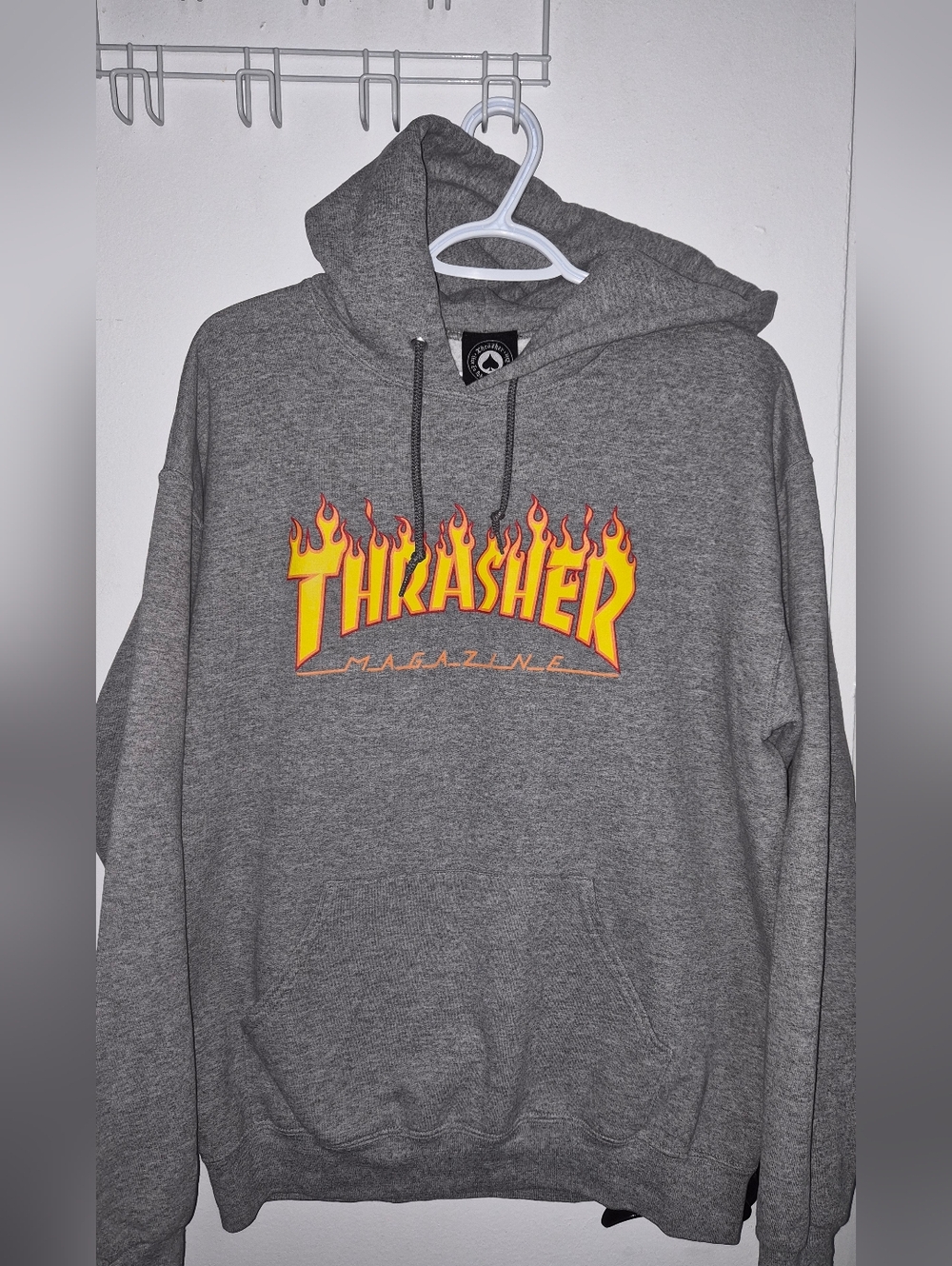 Auth. Thrasher Gray Hoodie with Yellow-Orange Flame Logo